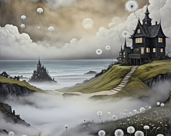 Dreamlike Landscape with Dark Mansion and Misty Sea