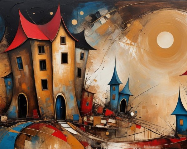 Surreal Landscape with Whimsical Houses and Colors