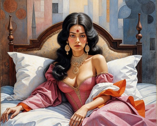 Reclining Woman in Elegant Pink Garment on Bed