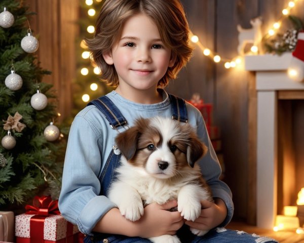 Young boy with puppy in festive Christmas setting