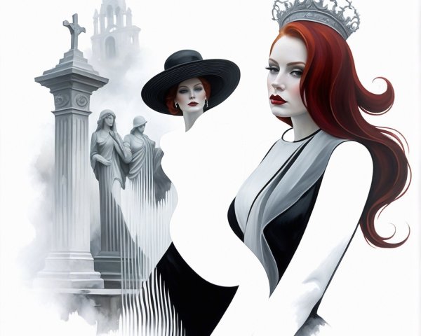 Elegant Women in Black and White Attire with Red Hair