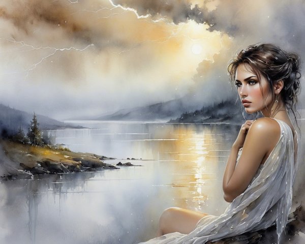 Serene Woman by Tranquil Lake at Sunrise