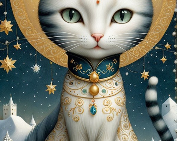 Whimsical Cat with Green Eyes in Starry Night Scene