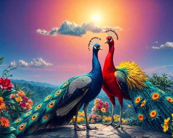 Surreal Landscape with Colorful Peacocks and Flowers