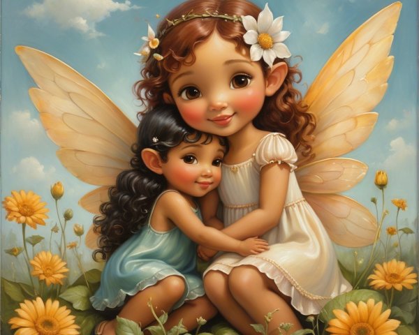 Young girls with fairy wings among sunflowers