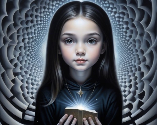 Young girl with glowing book in mystical setting