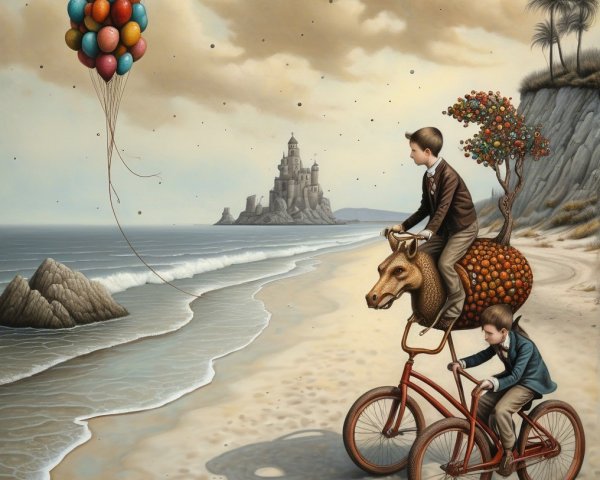 Boys Riding Bicycles by a Beach with Balloons and Castle