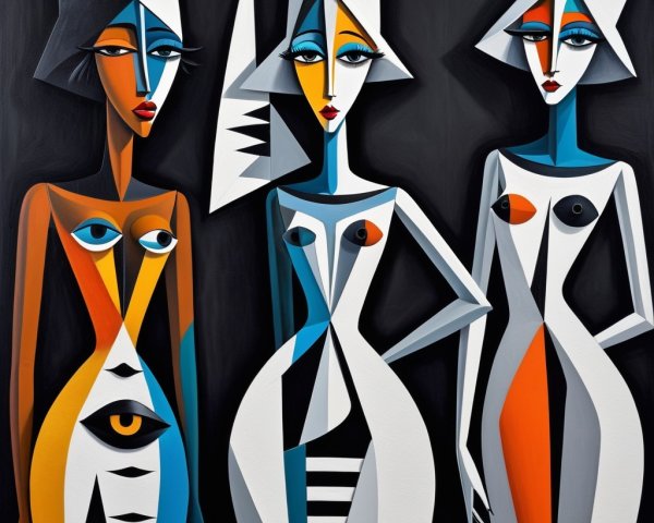 Three Stylized Figures with Bold Patterns and Colors
