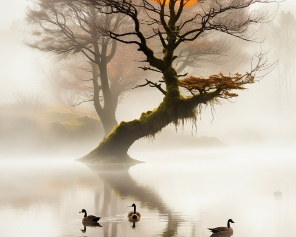 Misty Lake Landscape with Gnarled Tree and Ducks