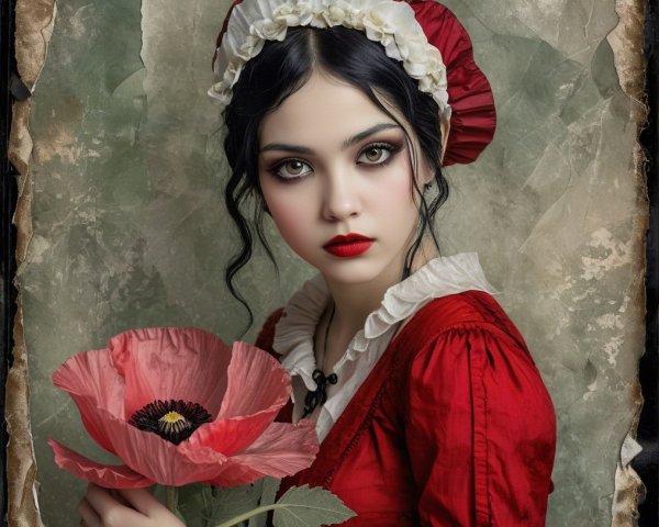 Young woman in red dress with poppy in vintage setting
