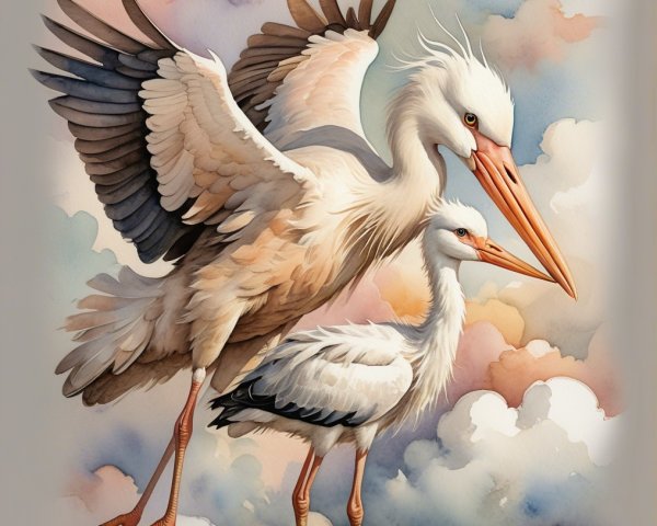 Elegant storks in flight and perched on a cloud