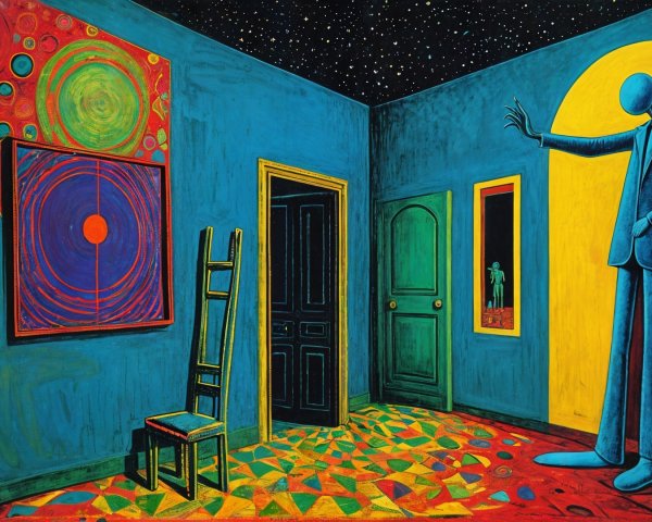 Surreal Room with Starry Sky and Geometric Patterns