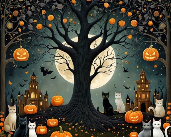 Whimsical Halloween Scene with Cats and Pumpkins