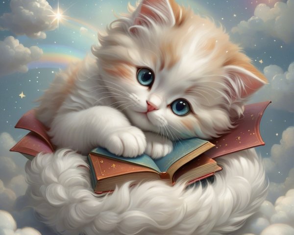 Fluffy Orange and White Kitten on Cloud with Book