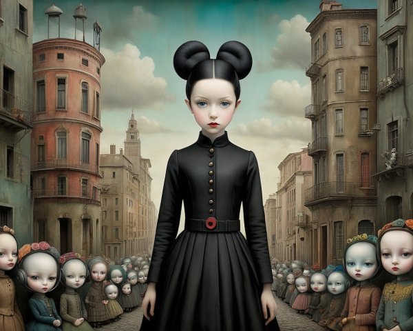 Surreal Landscape with Central Figure and Doll-Like Companions