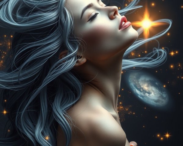 Woman with Silver Hair in Cosmic Setting