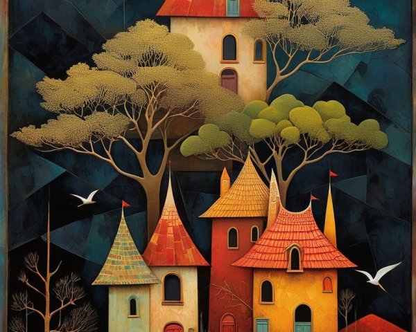 Whimsical Landscape with Colorful Houses and Night Sky