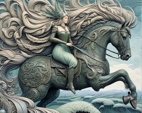 Majestic Female Figure Riding Ornate Horse in Landscape