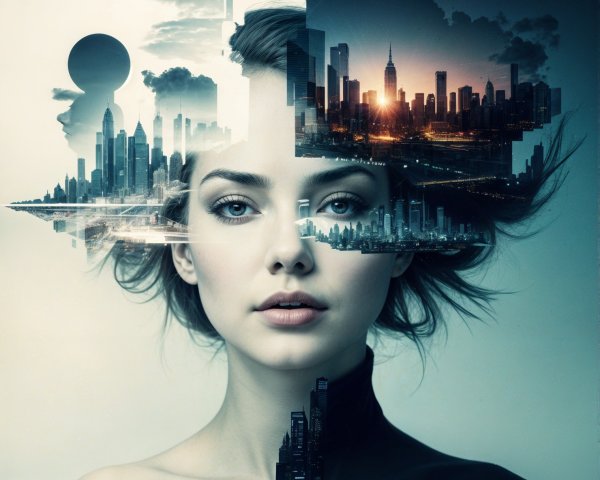 Surreal Portrait Merging Woman's Face with Cityscape