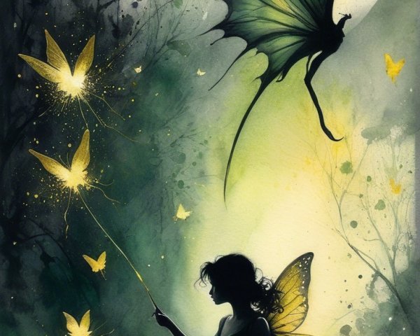 Whimsical Scene of Girl with Butterflies at Twilight