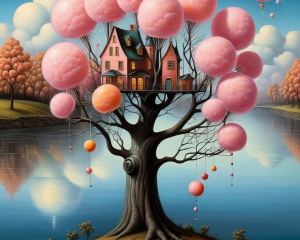 Whimsical Tree with Colorful House and Serene River