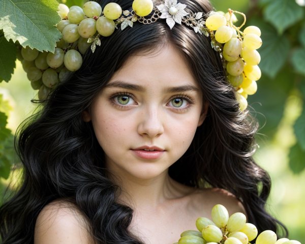Young girl with grape crown in lush greenery