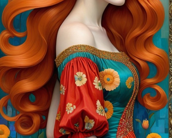 Young woman with red hair in floral dress portrait