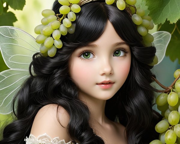 Young girl with grape crown and fairy wings in nature