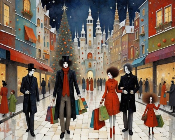 Gothic Family in Christmas Town Under Night Sky
