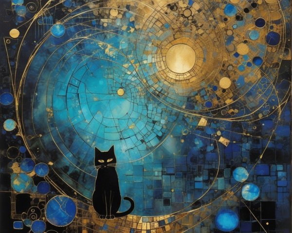 Black Cat in Cosmic Blue and Gold Artwork