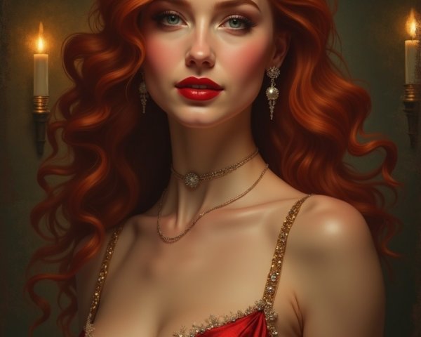 Striking Woman in Elegant Red Dress with Green Eyes