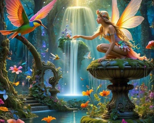 Fairy in Enchanted Forest by Moss-Covered Fountain
