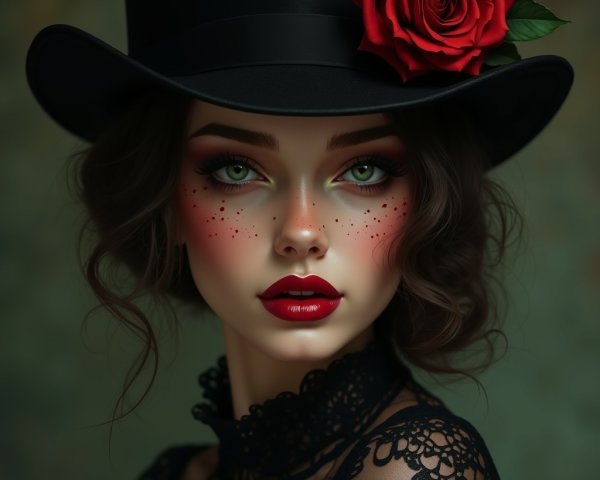 Young Woman with Green Eyes and Black Lace Outfit