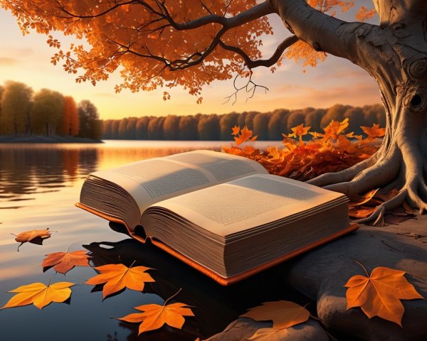 Open Book by Serene Lake Surrounded by Autumn Foliage