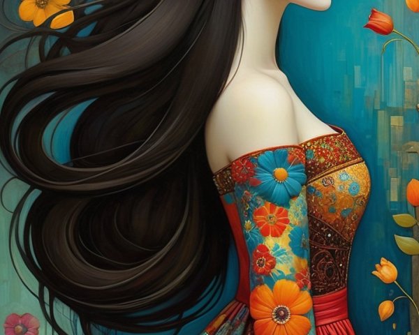 Profile of a Woman in Vibrant Floral Dress