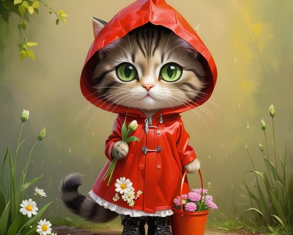 Cartoon Cat in Raincoat Surrounded by Colorful Flowers