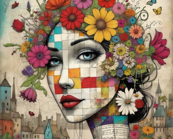 Vibrant Woman with Mosaic Face and Floral Elements