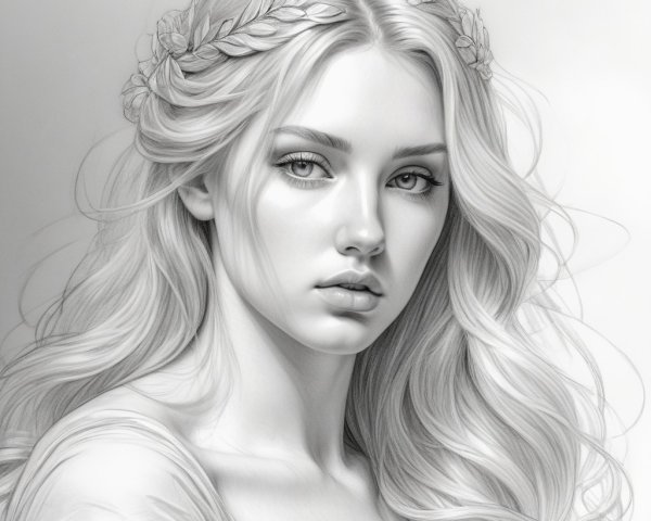 Monochrome Portrait of a Young Woman with Floral Crown
