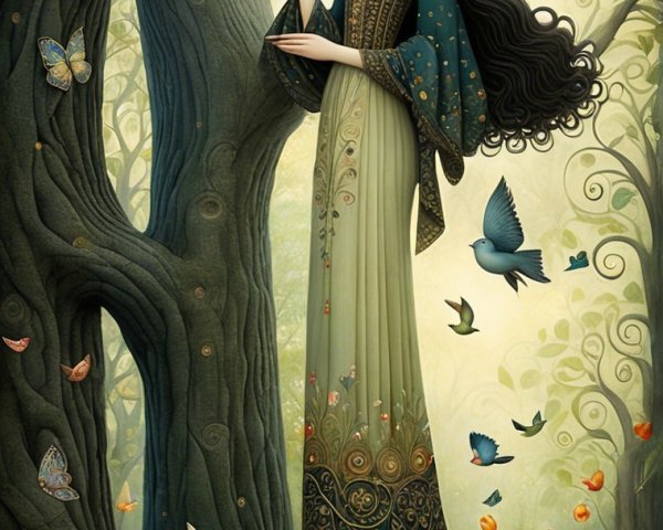 Woman with green umbrella in a whimsical forest scene
