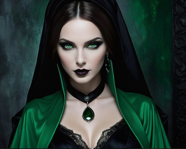 Mysterious Woman in Gothic Elegance with Emerald Pendant