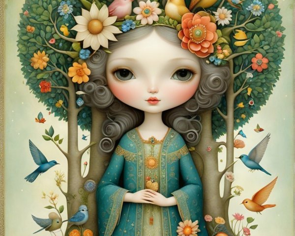 Whimsical Illustration of a Girl in Nature's Embrace