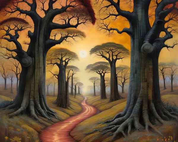 Forest Landscape with Ancient Trees at Sunset