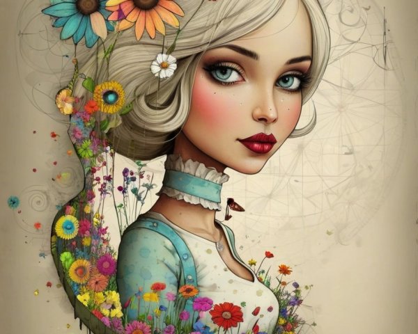 Whimsical Portrait of Young Woman with Floral Elements