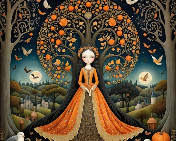Whimsical Scene with Elegant Figure in Orange Gown