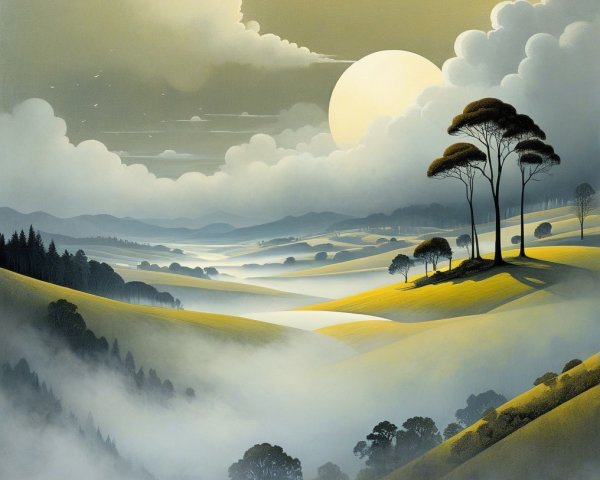 Serene Dawn Landscape with Rolling Hills and Mist