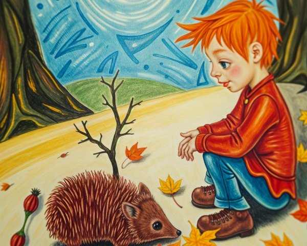 Young boy with red hair observes hedgehog in autumn