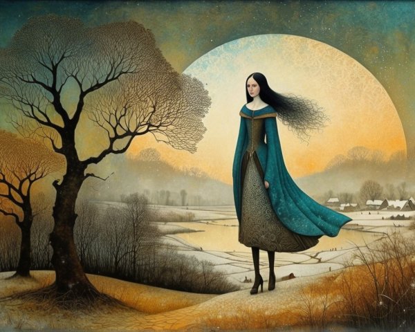 Serene landscape with woman in turquoise cloak and moon