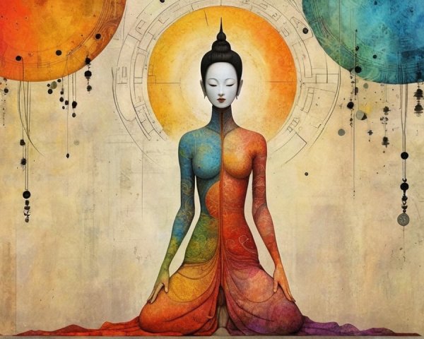 Seated Bodhisattva Artwork with Vibrant Colors