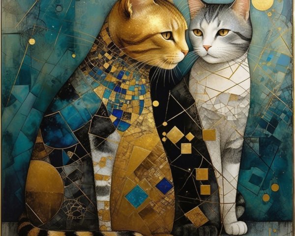 Stylized Cats with Geometric Patterns and Vibrant Colors