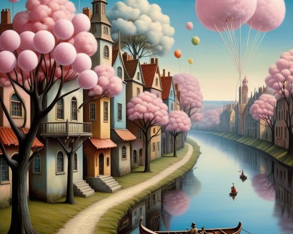 Whimsical Canal Scene with Cherry Blossoms and Balloons